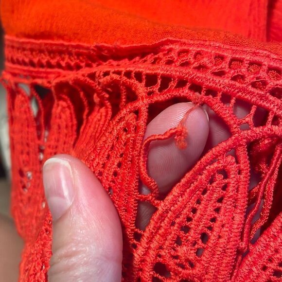 Cato Bright Orange Gauze Embroidered Lace Trim Tie Neck Top S - Picture 7 of 9